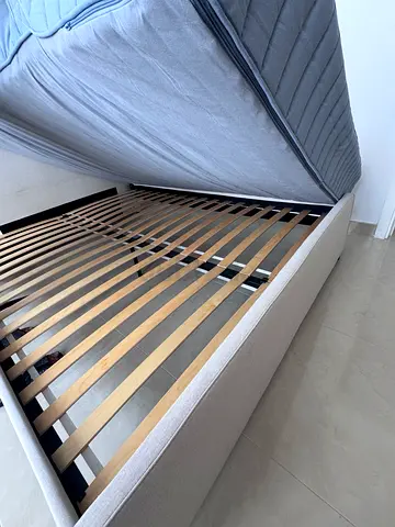Queen fabric bed frame with slatted base - light beige