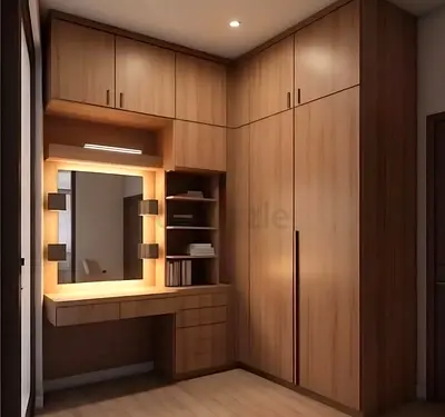 Custom L-shaped Wardrobe with Built-in Vanity and Shelves