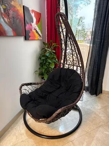 Egg Hanging Chair with Stand and Cushion - Dark Wicker