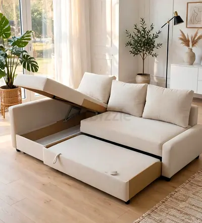 Beige L-shaped Storage Sofa Bed with Pull-out Bed