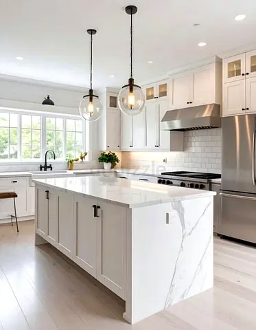 Modern white kitchen island with marble effect countertop custom-made