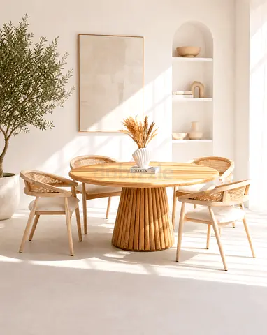 Pan home Round rattan dining table with 4 woven chairs - light wood finish