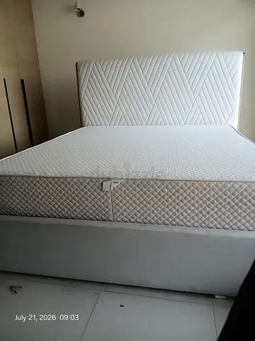 Queen size upholstered bed base with mattress - hardly used