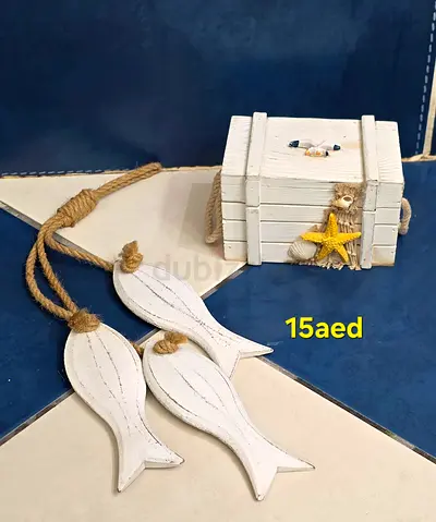 Nautical wooden box and hanging fish decor set - used, good condition