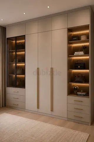 Built-in Wardrobe with Display Shelves and Drawers - Beige Finish