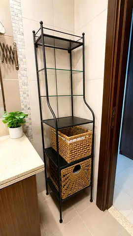 Tall Metal Bathroom Storage Rack with Wicker Baskets