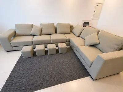 ✨ 6-Seater L-Shaped Sofa with 4 Ottomans + FREE Rug