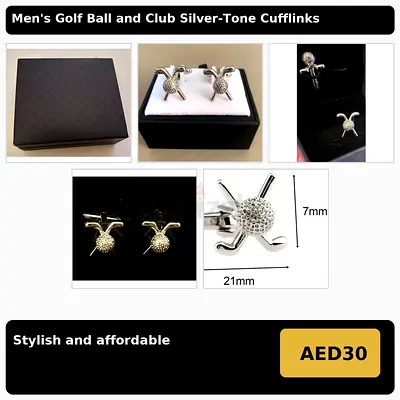 Mens golf ball and club silver-tone cufflinks