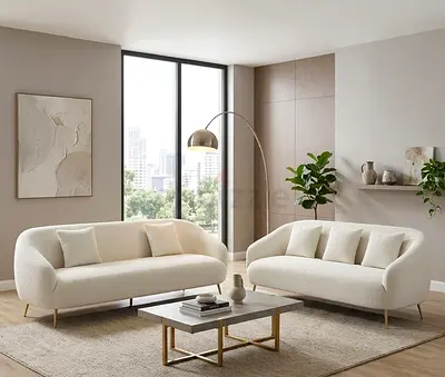 Modern Off-White Bouclé Sofa Set with Gold Legs