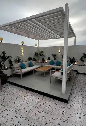 Outdoor patio pergola with seating set - modern rooftop lounge