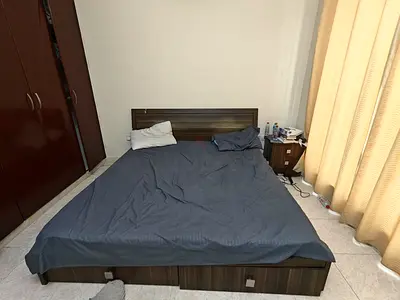 Queen wooden bed frame with storage - dark wood