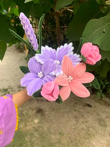 Handmade Felt Flower Bouquet - Pink  Lavender Decorative Arrangement