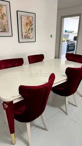 Modern Off-White Dining Table with 5 Red Velvet Chairs⁠
