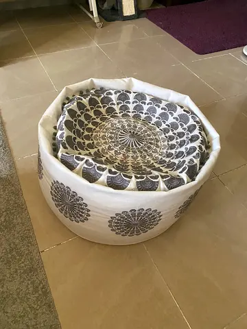 Round Fabric Pouf / Ottoman with Grey Floral Mandala Pattern