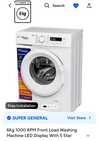 6kg Front Load Washing Machine — Super General, 1000 RPM, LED Display