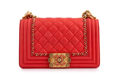 Chanel Quilted Chain Around Small Boy Lamskin Watermelon Red GHW