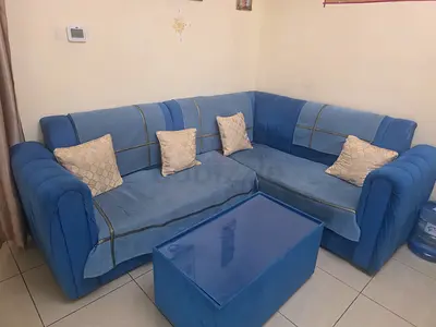 Blue L-shaped Fabric Corner Sofa with Coffee Table - Good Condition