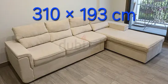 3.1m x 1.93m Beige L-shaped Fabric Sofa — Good Condition