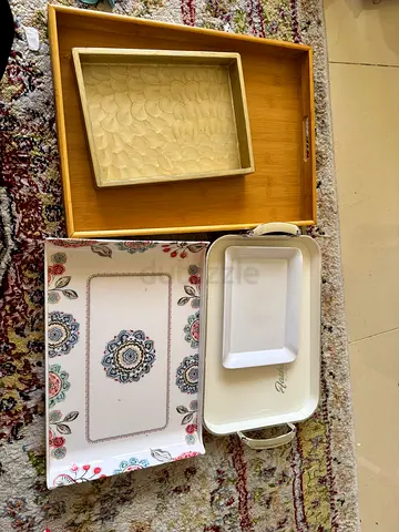 Set of 5 assorted serving trays — wood and ceramic
