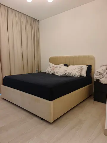 Beige Upholstered Double Bed with Headboard - Good Condition