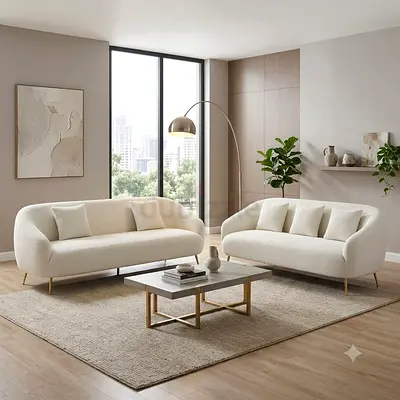 Pair of Modern Curved Ivory 3+3Seater Sofas - Good Condition