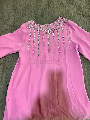 Light Pink Embellished Long Sleeve Dress/Abaya Top - Beaded Neckline