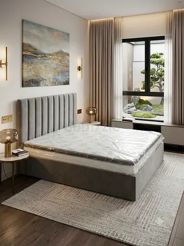 King size Grey Upholstered Bed Frame with Headboard and Mattress
