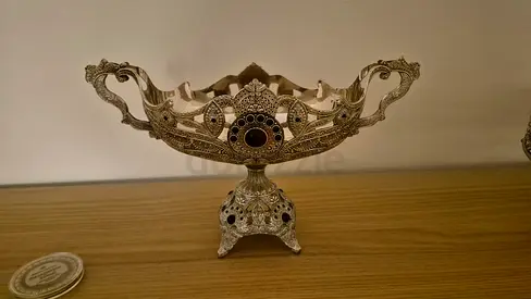 Ornate Silver Decoration piece with Filigree Details and Engraved with Black Stones