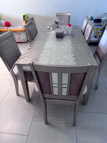 6-seater dining table with chairs - light grey finish