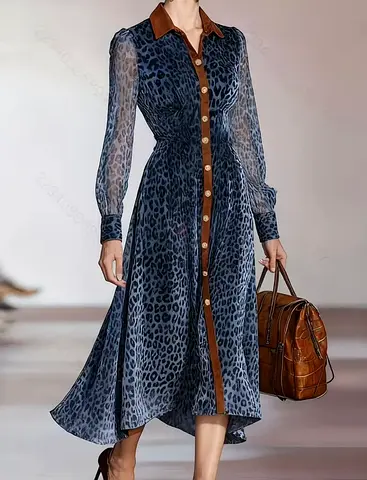 Blue Leopard Print Long Sleeve Midi Dress with Brown Trim ( brand new)