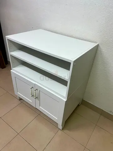 White Storage Cabinet with Open Shelves and Double Doors