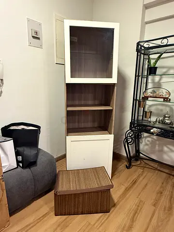 Tall white display cabinet with glass door and shelves - good condition