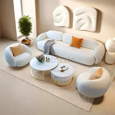 Modern White Curved Sofa Set with Two Matching Armchairs and Coffee Tables