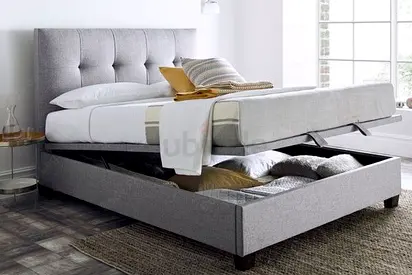 Grey upholstered storage double bed with lift-up