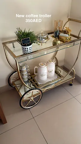 Gold and Glass Coffee Trolley / Bar Cart - Like New, Elegant Design