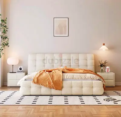 Upholstered Button-Tufted Double Bed with Headboard - Light Beige