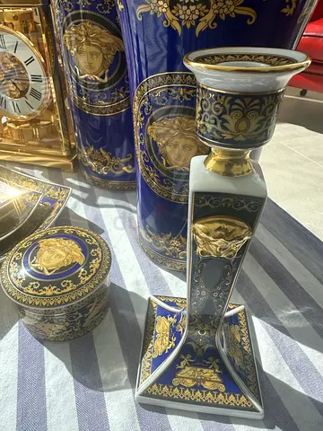 Set of Decorative Blue and Gold Porcelain Vases and Trinket Box