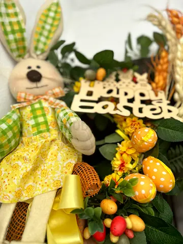 Handmade Easter wreath — greenery, yellow flowers bunny