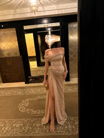 Elegant Gold Sequin Off-Shoulder Evening Gown