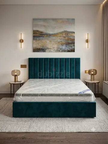 King Bed Frame with Vertical Channel Headboard blue color