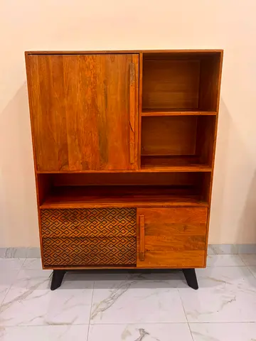 Solid Wood Storage Cabinet with Open Shelves and Carved Doors