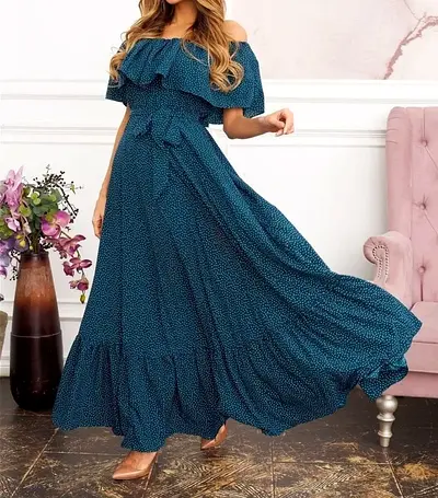 Teal Off-Shoulder Maxi Dress with Ruffle Detail and Waist Tie - New