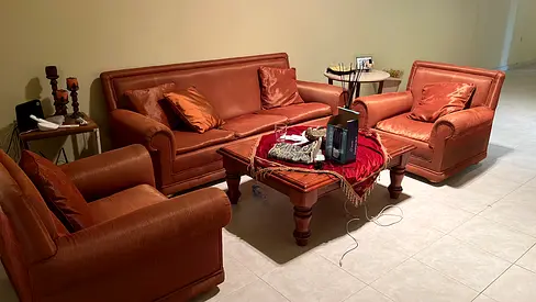 3-piece brown leather sofa set with coffee table (good condition)