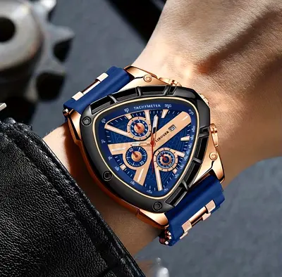 Blue and Rose Gold Mens Sport Watch - Tri-Subdial Silicone Strap