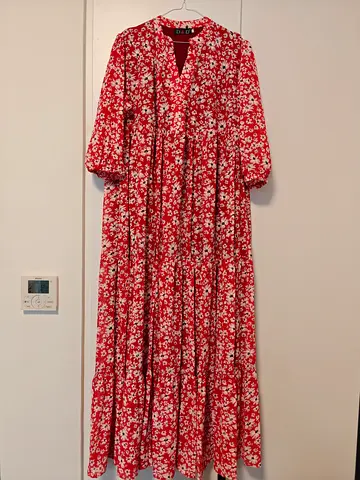 Red floral long maxi dress, V-neck with 3/4 sleeves - New