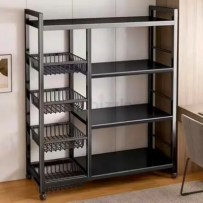4-Tier Heavy Duty Metal kitchen Storage Shelving Unit, Black, with 4 Mesh Baskets and Movable Wheels