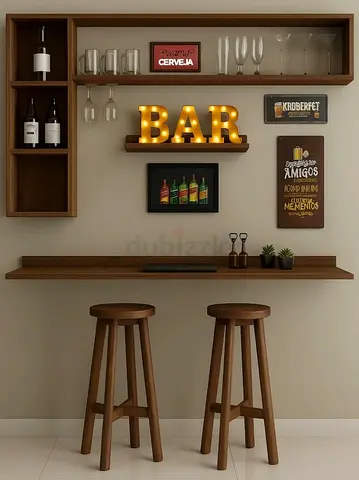 Modern Wooden Wall Mounted Bar Table with Two Stools