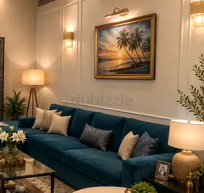 Blue Velvet L shape Sofa — Comfortable Modern Design with centre table