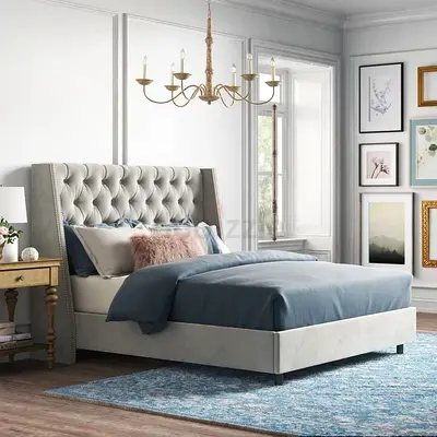 Tufted Wingback Bed Frame with Gray Fabric Headboard