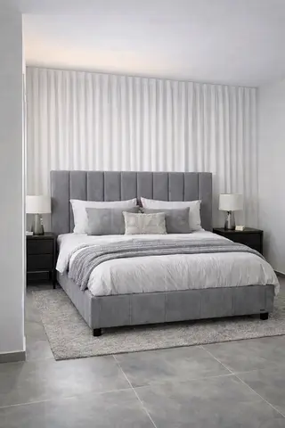 King Size Upholstered Grey Bed Frame with Headboard (Includes Slats)